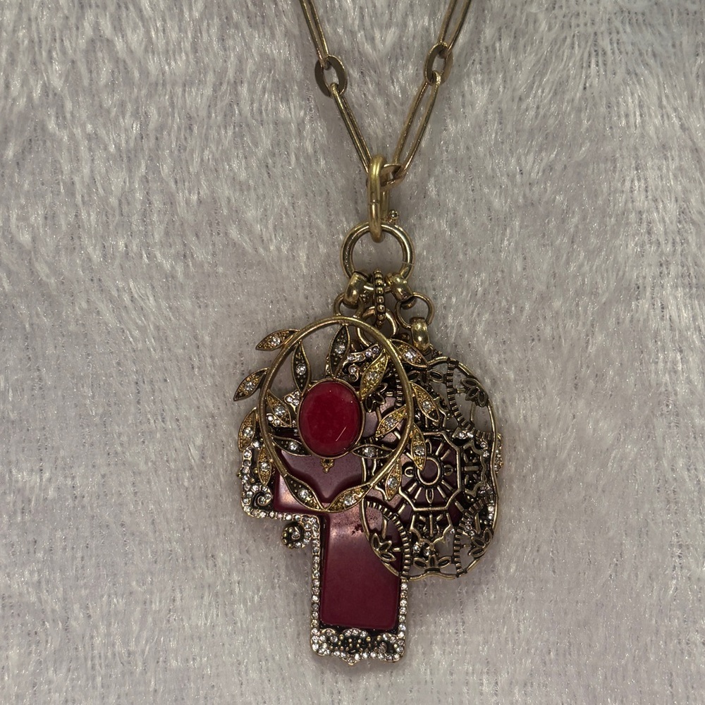 ❤️ Lucky Brand Cross Necklace Red Semi Precious Stone Gold Tone ❤️
